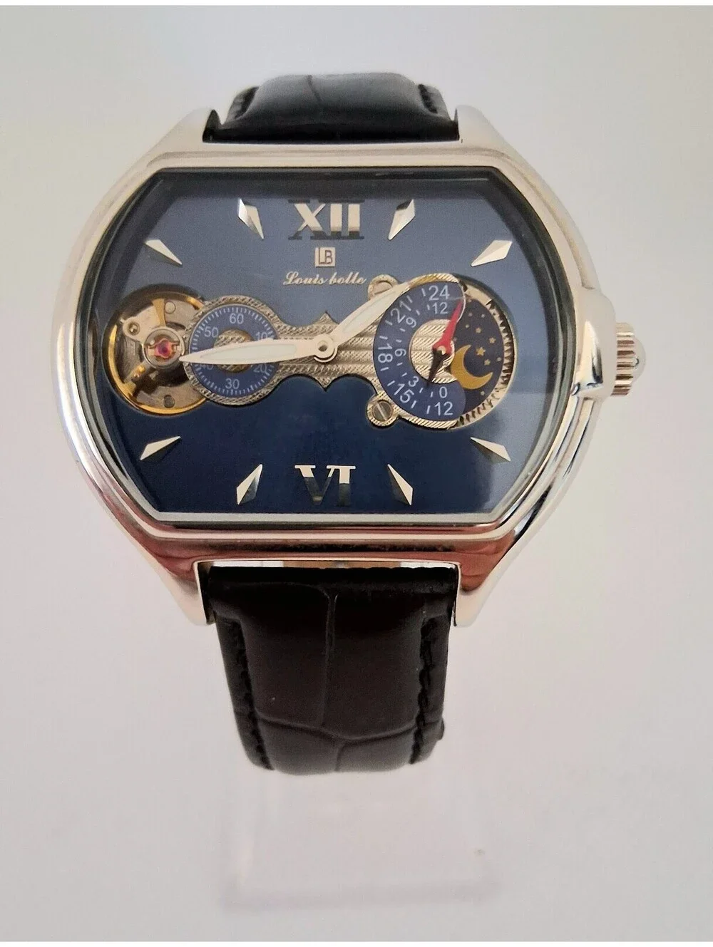 SUPER RARE Louis Bolle Pioneer II Men's Automatic Skeleton 44mm Moon Phase Watch
